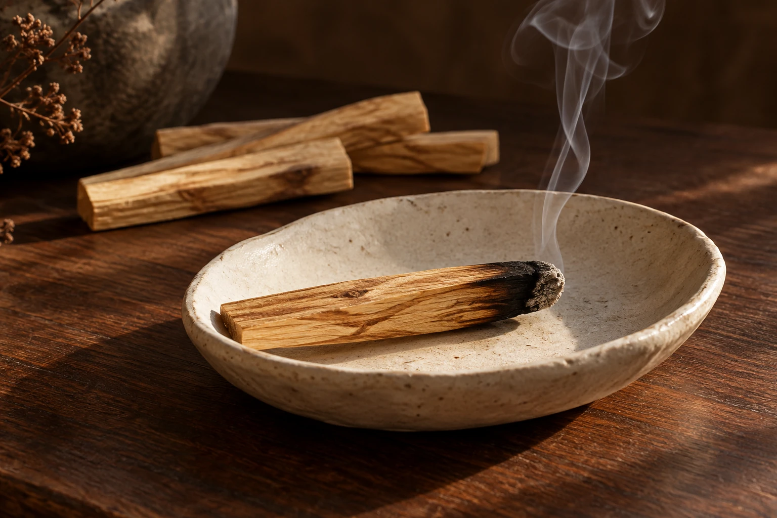A just-extinguished palo santo stick resting in a fireproof ceramic dish